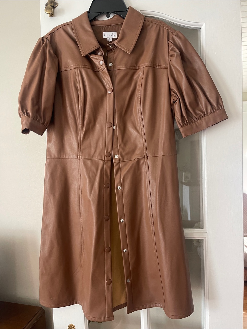 Brown Faux Leather Button-Front Dress